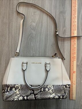Michael Kors Cream and Snake-Print Satchel with Gold Hardware